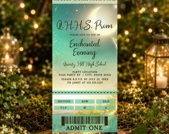 May include: A rectangular ticket-style invitation for Q.H.S. Prom on August 8, 20XX. The design features a crescent moon, starry teal gradient background, and gold accents. It includes event details, location, RSVP information, and a barcode with the text ADMIT ONE.