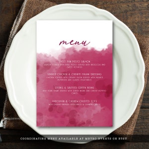 Wine Tasting Menu. This modern and minimalist party set is created with monochromatic wine glasses and watercolor accents. Designed By MetroEvents.