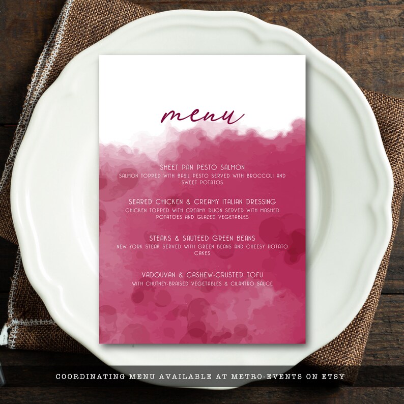 Wine Tasting Menu. This modern and minimalist party set is created with monochromatic wine glasses and watercolor accents. Designed By MetroEvents.