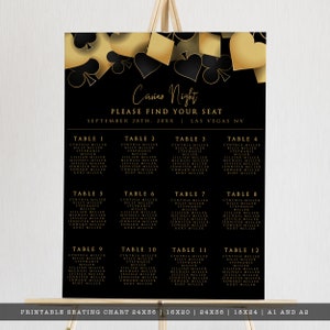 Casino night seating chart designed with hearts, diamonds, clubs, and spades framing the top in gold and black. Designed By MetroEvents.