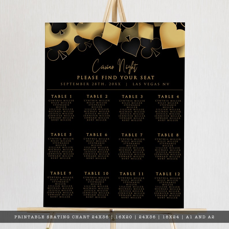Casino night seating chart designed with hearts, diamonds, clubs, and spades framing the top in gold and black. Designed By MetroEvents.