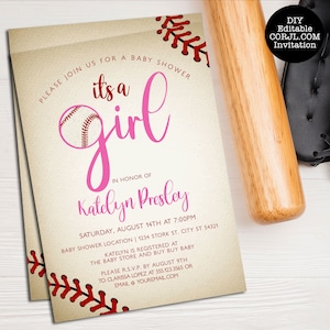 Pink Baseball Baby Shower Invitation: Vintage Sports Theme (Digital Download)
