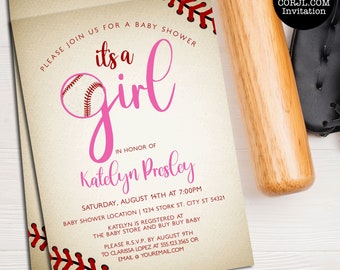 May include: A baseball-themed baby shower invitation with a pink "it's a girl" text and a baseball graphic. The invitation includes the name "Katelyn Presley" and details for the event, including the date, time, and location.