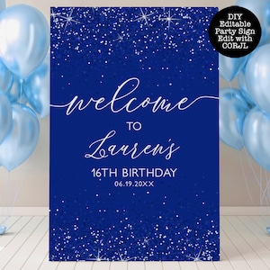 Blue Glitter Welcome Signs, Princess Sweet Sixteen, Printable Party Sign, Instant Download, Sweet Sixteen Sign, Blue Sign, Corjl Template
