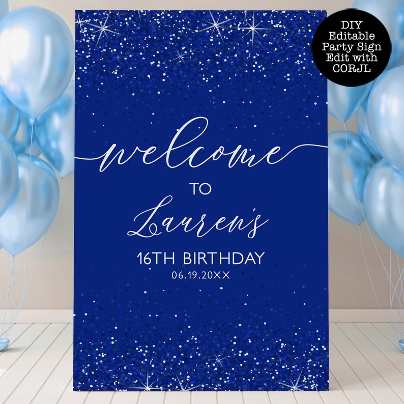 Blau Glitzer Prinzessin Willkommensschild: Sweet Sixteen Party (Corjl Template) Bild 1