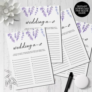 ラベンダーウェディング A to Z ゲーム：印刷可能なブライダルシャワー（すぐにダウンロード）