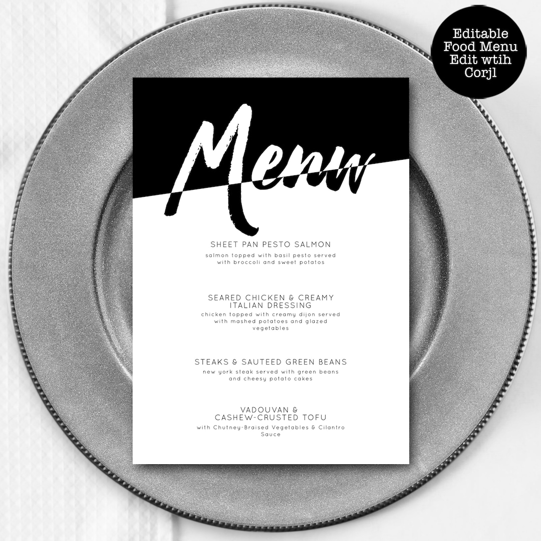 Modern White and Black Menu, Custom Menu, Food Menu, Dinner Menu ...
