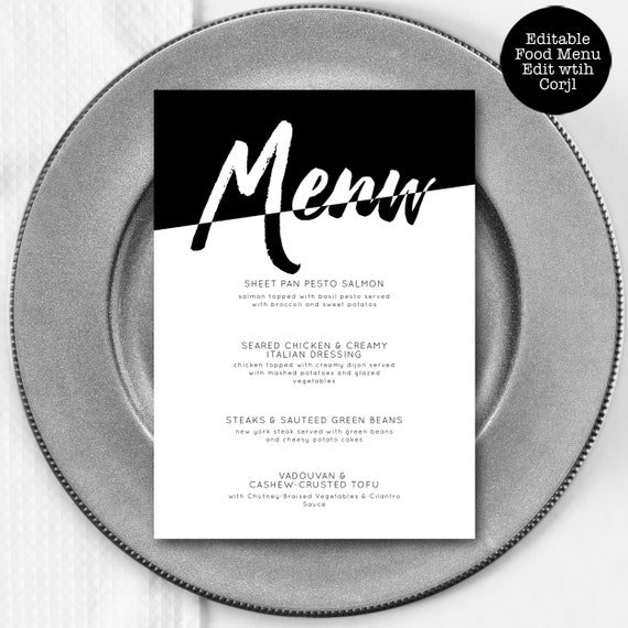 Modern White and Black Menu, Custom Menu, Food Menu, Dinner Menu, Contemporary Dinner Menu ...