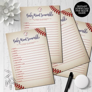 Vintage Baseball Baby Shower Game, Word Scramble. Created with a vintage texture background accented with baseball laces. Designed by MetroEvents.