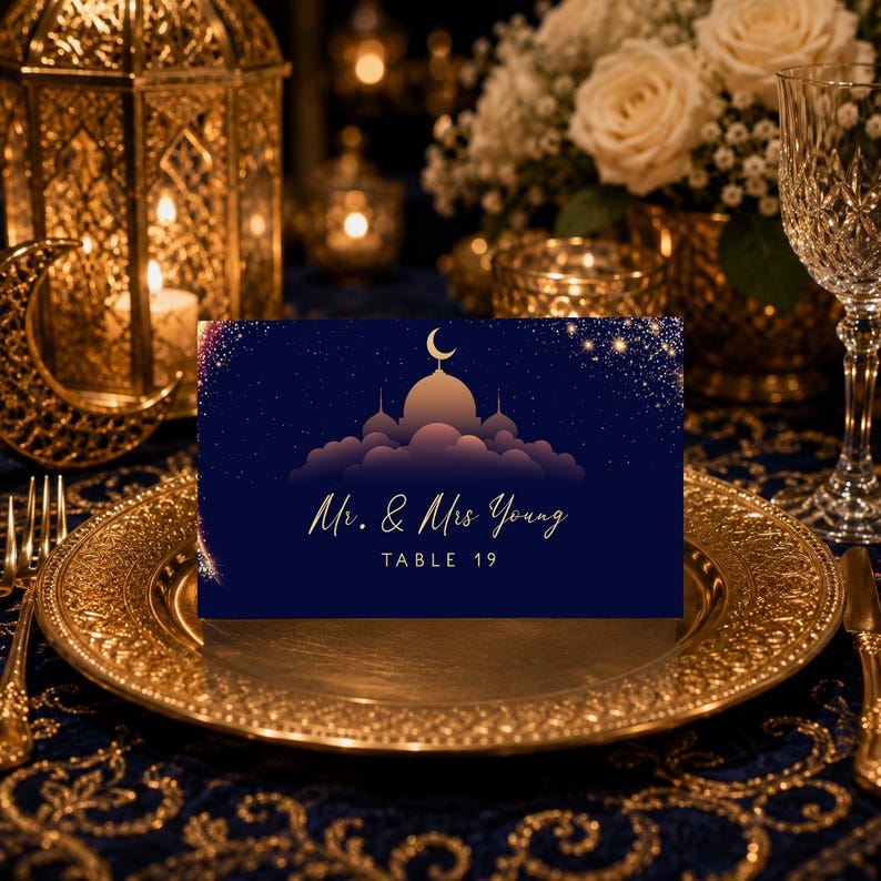 Arabian Nights Place Card Template, Navy Gold Escort Card, Moon and Stars Seating Card, Arabian Wedding Place Card image 1
