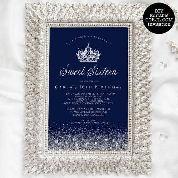 Navy Blue Sweet Sixteen Party Invitation, Sweet Sixteen Birthday Invitations, Printable Sweet 16 Invitation, Corjl Template, Silver and Blue Il_570xn