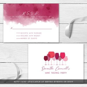 Wine Tasting response cards. This modern and minimalist party set is created with monochromatic wine glasses and watercolor accents. Designed By MetroEvents.