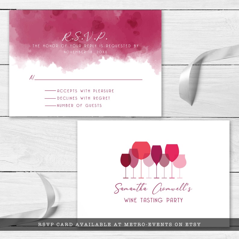 Wine Tasting response cards. This modern and minimalist party set is created with monochromatic wine glasses and watercolor accents. Designed By MetroEvents.