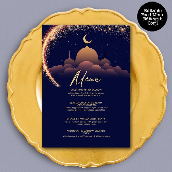 Arabian Night Dinner Menu, Custom Arabian Meal Menu, Food Menu, Arabian Nights Themed Menu, Instant Download, Printable Menu, Corjl Template