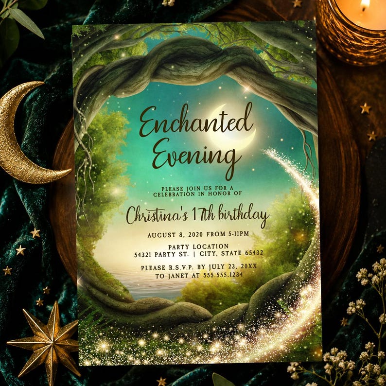 May include: A rectangular invitation card featuring a forest scene with twisted tree branches forming an archway, a crescent moon, and glowing sparkles. The text reads: Enchanted Evening, Please join us for a celebration in honor of Christina's 17th birthday, August 8, 2020 from 5-11pm, Party Location 54321 Party St. | City, State 65432, Please R.S.V.P. by July 23, 20XX to Janet at 555.555.1234.