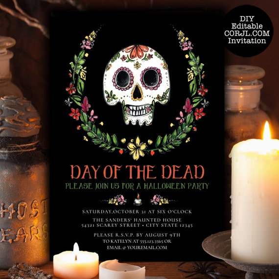 Sugar Skull Halloween Invitations, Halloween Invitations, Halloween Birthday Invitations, Editable Invitation Template, Day of the Dead Il_570xn