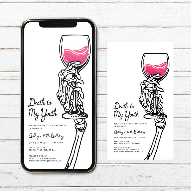 Digital Evite Invitation with Skeleton Hand and Wine Glass - Death to My Twenties Birthday Party - Corjl Template