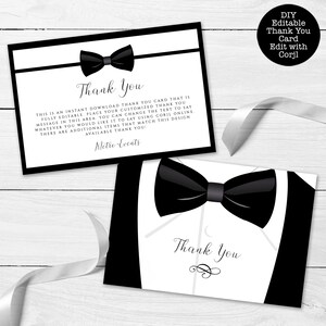 Editable black and white thank you card great for galas, black tie weddings, charity auctions, corporate parties & more. Featuring a tuxedo bowtie and elegant, editable typography. Designed by MetroEvents.