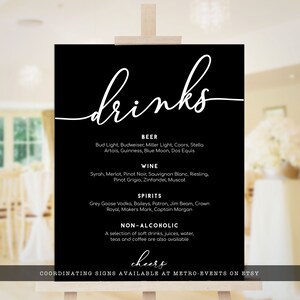 May include: Black and white sign with the word "drinks" in cursive script. The sign lists various beer, wine, and spirit options, as well as non-alcoholic beverages. The sign also includes the text "cheers" and "COORDINATING SIGNS AVAILABLE AT METRO-EVENTS ON ETSY".