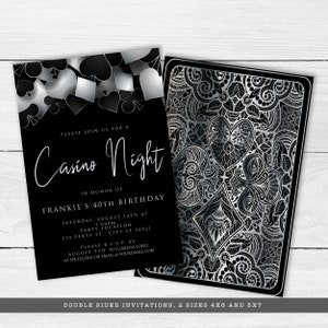 Printable Digital Party Invitation with Customizable Corjl Template - Silver and Black Casino Night with Hearts Spades Clubs Diamonds - Perfect for Birthday Parties