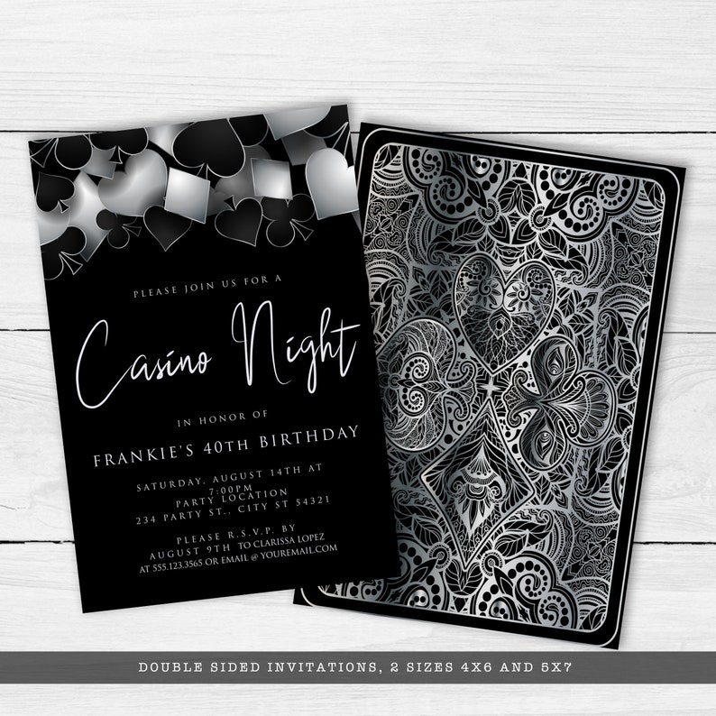 Printable Digital Party Invitation with Customizable Corjl Template - Silver and Black Casino Night with Hearts Spades Clubs Diamonds - Perfect for Birthday Parties