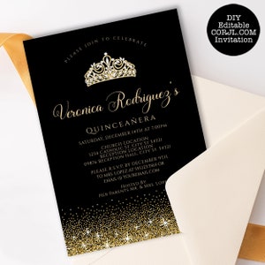 Gold and Black Glitter Quinceañera Invitations. Designed with sparkles, faux gold glitter, and a gold crown with diamond accents for a fabulous birthday. Designed By MetroEvents