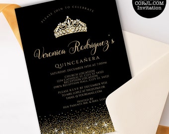 Gold and Black Glitter Quinceanera Invitations, Glitter Quinceanera Invitations, Black Quinceanera Invitations, Printable Quince Invitations