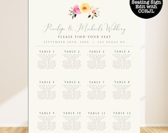 Garden Floral Custom Seating Chart, Printable Seating Chart Sign, Wedding Seating Chart Poster, Editable Seating Chart, Floral Seating Chart