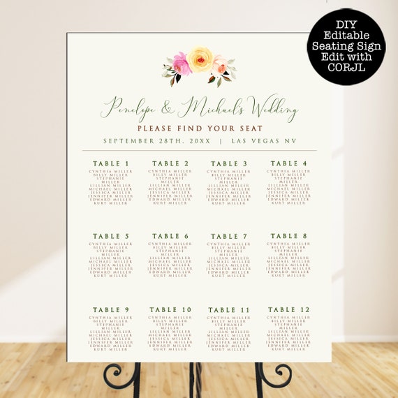 Garden Floral Custom Seating Chart, Printable Seating Chart Sign ...