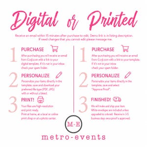 May include: An instructional graphic with pink text on a white background titled Digital or Printed. It outlines two processes: digital template editing with steps Purchase, Personalize, and Print, and a printed item process with steps Purchase, Personalize, and Finished.
