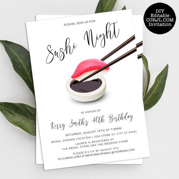 Sushi Night Invitations, Sushi Party Invitations, Japanese Food Invitation, Printable Invitations, Sushi Dinner Party Invite, Corjl Template Il_570xn