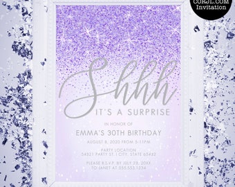 Purple Glitter Surprise Party Invitation, Printable Invitations, Glitter Invitations, Printable Invitations, Shhh It's a Surprise, Invite