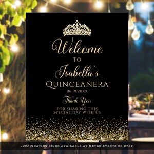 Gold and Black Glitter Welcome Sign. Designed with sparkles, faux gold glitter, and a gold crown with diamond accents for a fabulous birthday. Designed By MetroEvents