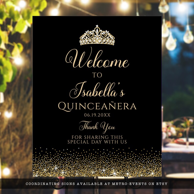 Gold and Black Glitter Welcome Sign. Designed with sparkles, faux gold glitter, and a gold crown with diamond accents for a fabulous birthday. Designed By MetroEvents