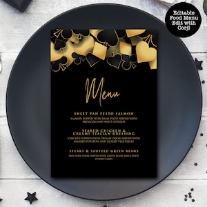 Menú de comida temática Gold Vegas, Menú de fiesta de casino, Menú de comida, Menú de cena, Menú de cena editable, Descarga instantánea, Menú imprimible, Corjl