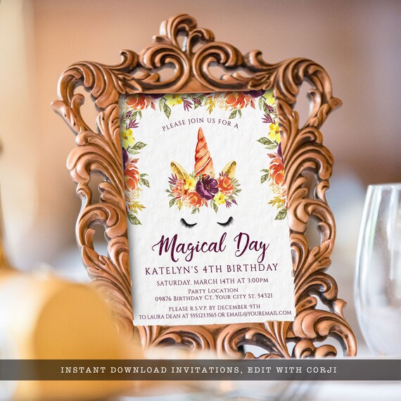 Purple And Gold Floral Unicorn Invitation Magical Unicorn Invite