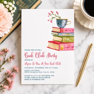 May include: A white rectangular invitation card for a Book Club Party featuring a watercolor illustration of a stack of three books topped with a blue teacup containing pink flowers. The text includes event details, date, time, and location.