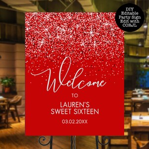 Red Welcome Signs, Editable Party Signs, Instant Download, Custom Red Glitter Signs, Printable Party Signs, Corjl Template, Instant Download