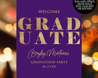 Purple and Gold Welcome Sign, Graduation Party Signs, Printable Sign, Instant Download, Grad Signs, School Graduation Sign, Corjl Template