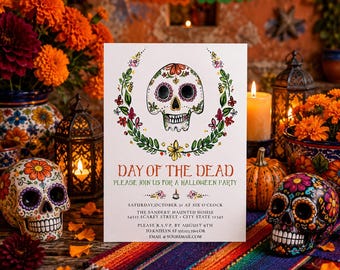 Day of the Dead Halloween Invitation, Sugar Skull Party Invitation, Editable Dia de los Muertos Invite, Printable Costume Party Invitation
