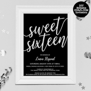 Silver and Black Sweet Sixteen Invitations, Silver Glitter Sweet 16 Invitations, Sweet 16 Invitations, Printable Sweet Sixteen Invitation