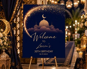 Arabian Nights Dinner Menu Template, Navy Gold Menu Card, Moon and Stars Party Menu, Arabian Theme Reception Menu