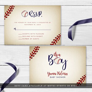 Vintage Baseball Baby Shower RSVP cards. Created with a vintage texture background accented with baseball laces. Designed by MetroEvents.