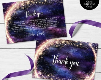 Galaxy Thank You Card, Starry Thank You Card, Under the Stars Thank You Card, Celestial Thank You Card, Corjl Template, Space Thank You Card