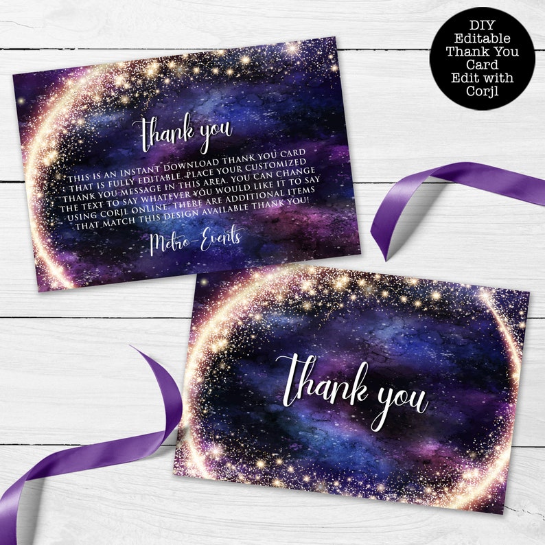 Night under the stars, galaxy-themed thank you card. This design is created with a star-filled purple and blue starry sky background with a half-ring of shooting stars training through it. Designed by MetroEvents.