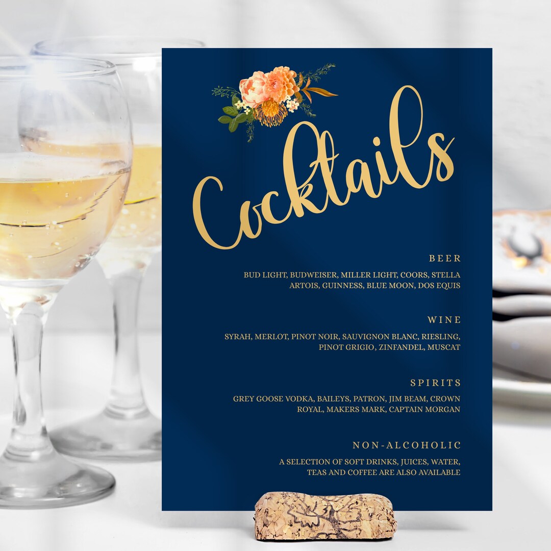 Editable Navy Blue Drink Menu Signs Printable Bar Menu Etsy