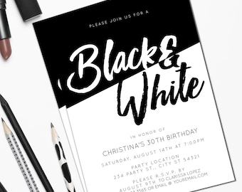 Bold and Modern, Black and White Party Invitations, Adult Party Invitations, Black and White Party, Corjl Template, DIY, Instant Download