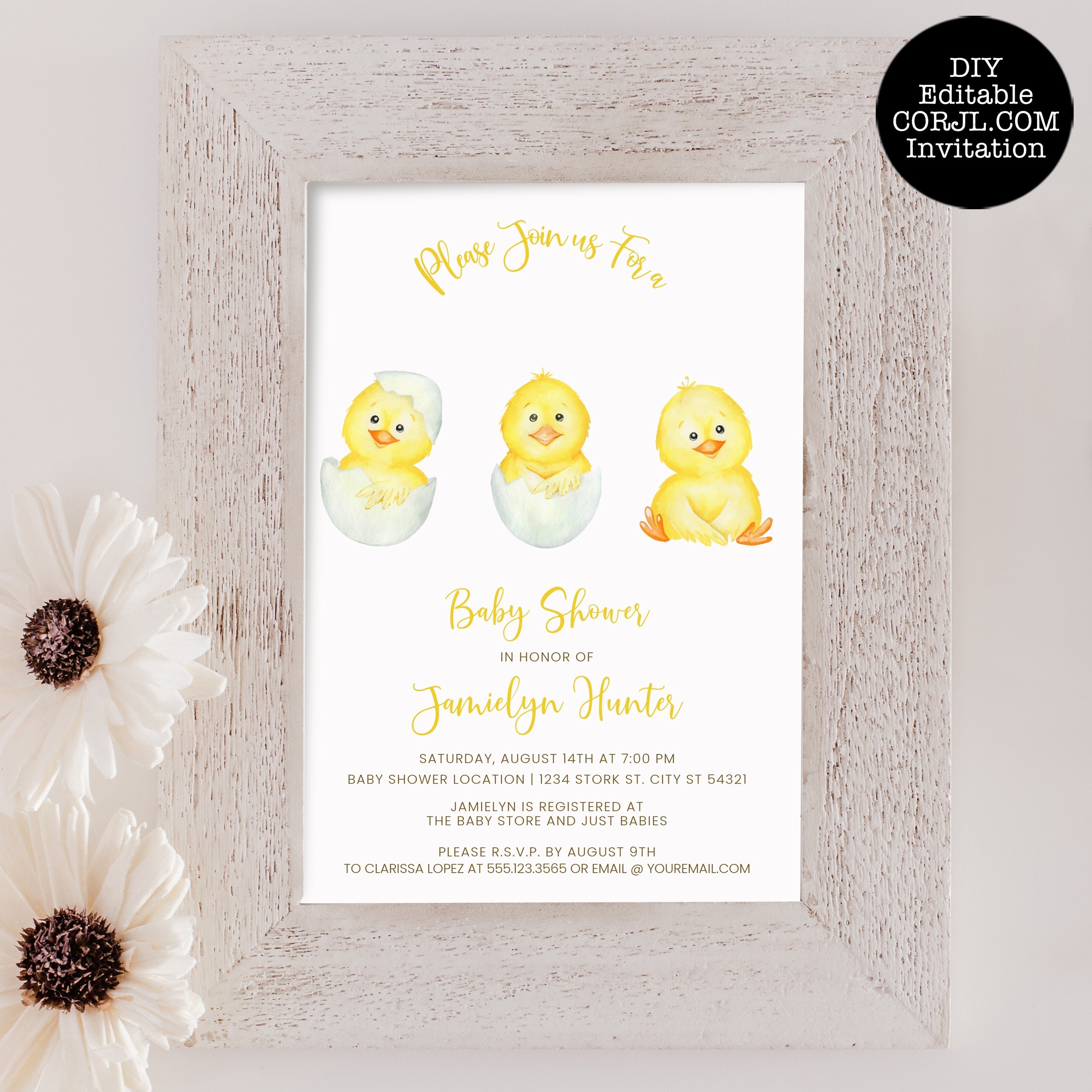 Invitaciones para baby shower de pollitos: Plantilla Corjl de animales de  granja (Descarga digital) - Etsy México, image size:2500x2500