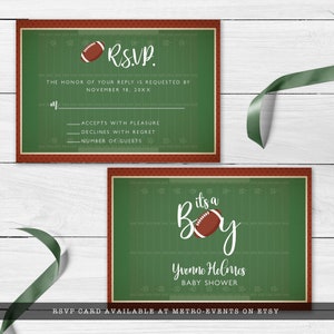 May include: Two rectangular cards with a green football field design and brown borders. One card reads RSVP, The honor of your reply is requested by November 18, 20XX. The other card reads It's a Boy, Yvonne Holmes, Baby Shower with football graphics.