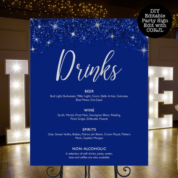 Blue Glitter Drink Menu, Customizable Menu Sign, Glitter Bar Sign, Custom Cocktail Sign, Editable Drink Menu, Instant download, Printable Il_570xn